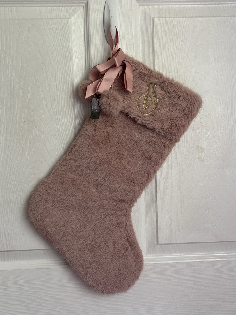NEW Victoria’s Secret Plush Blush Pink Faux Fur Christmas Stocking Silky Ribbon